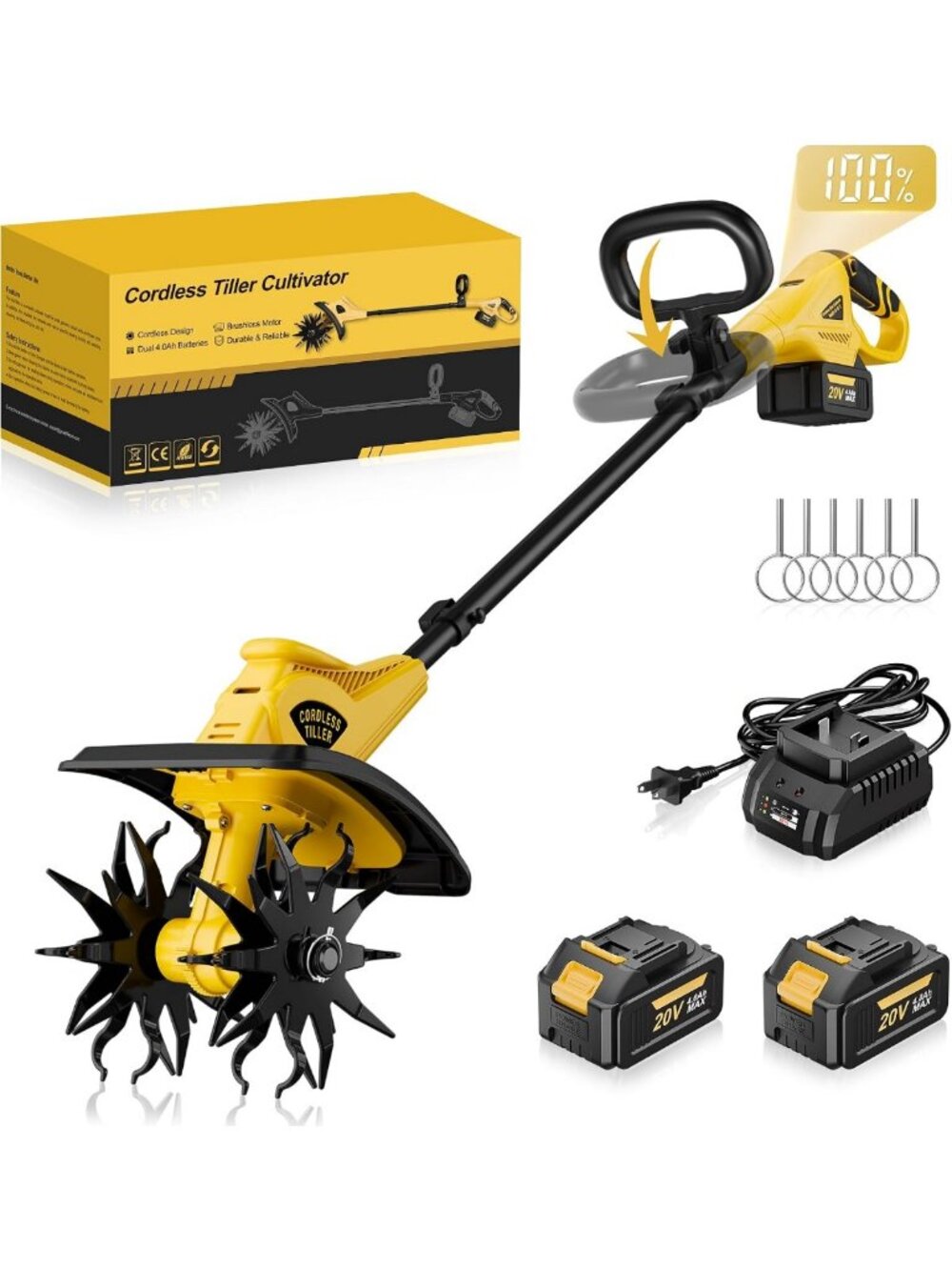 Cordless Electric Tiller Cultivator, 12" Width, 8" Depth, 2 Batteries Included